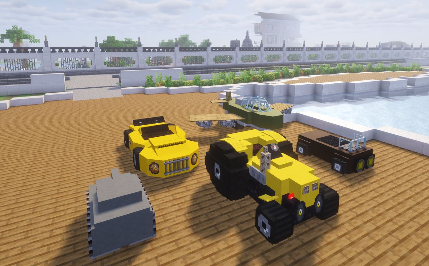 A race car, tractor, tank, pickup, and plane lined up on CosmosMC